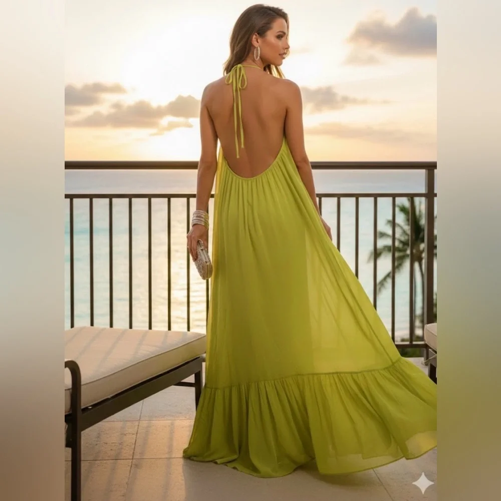 Love & Lemonade Lime Green Halter Maxi Dress Large - Picture 2 of 10